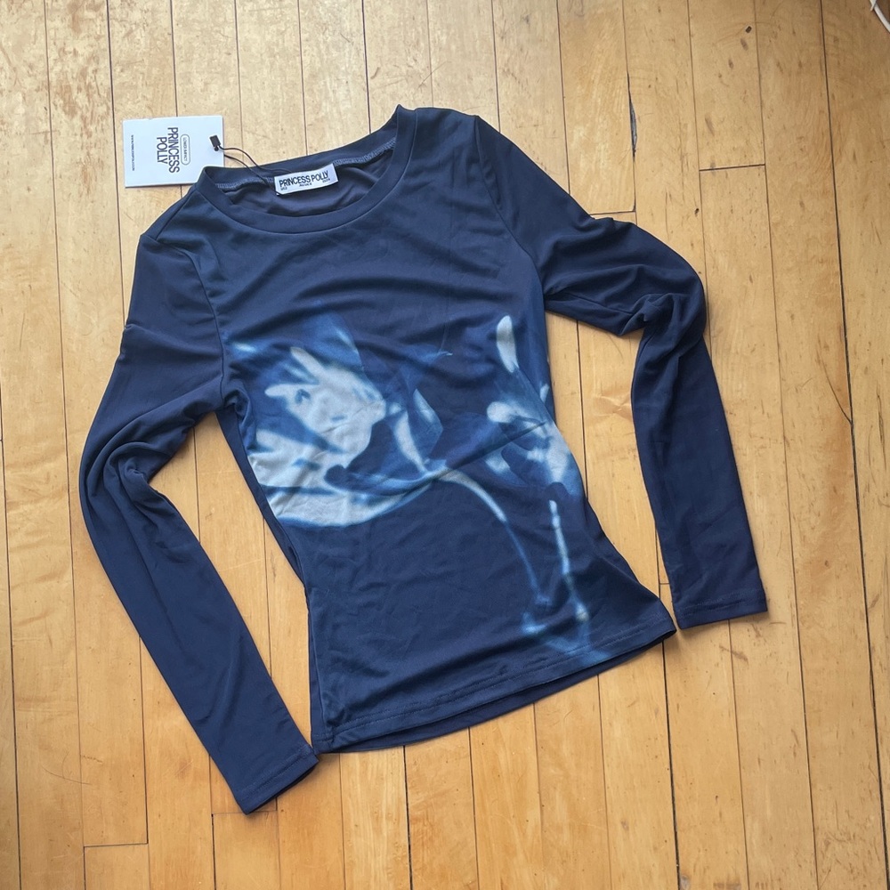 Princess Polly Raldor Long Sleeve Top Cyanotype Design NWT US 2